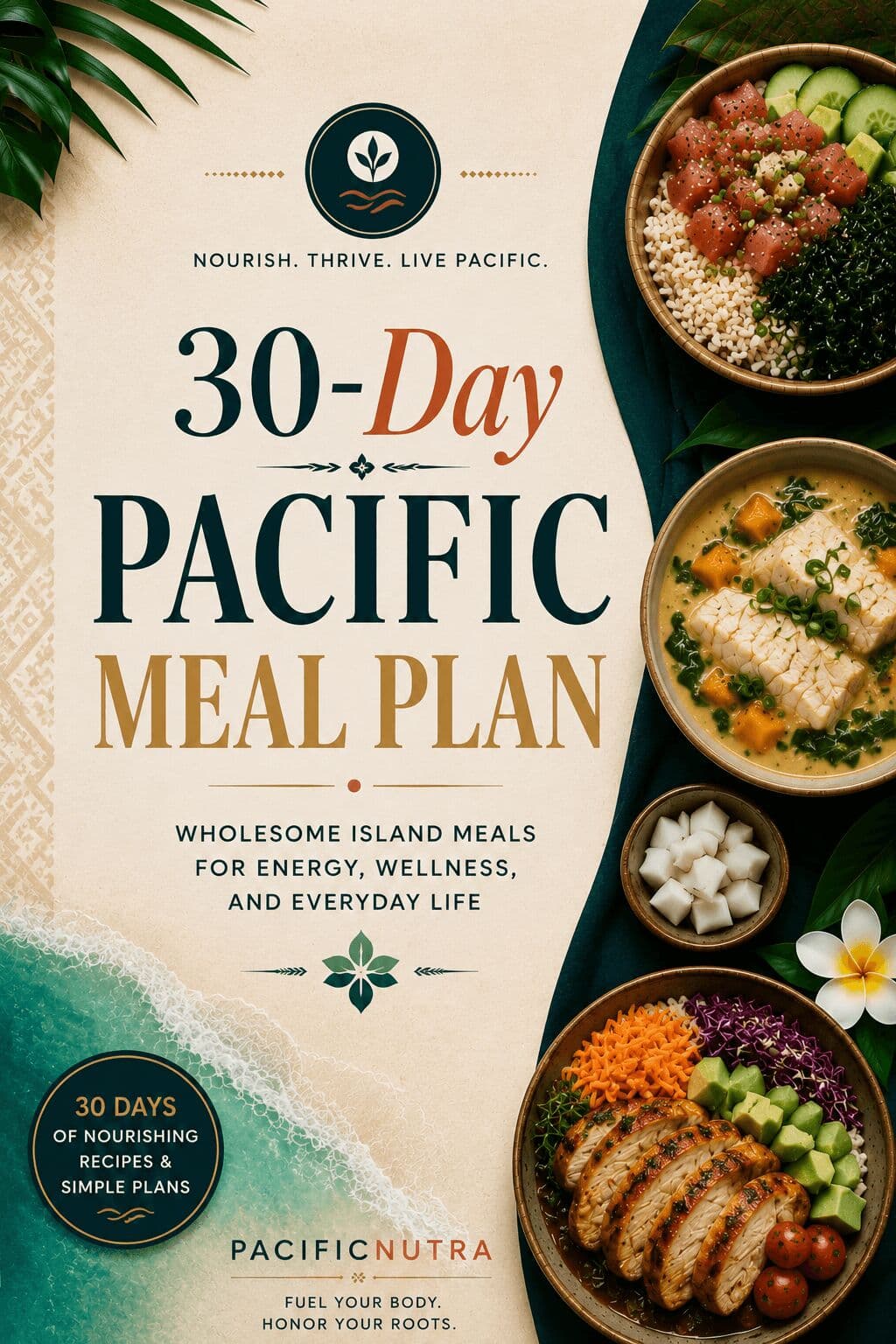 30-Day Pacific Meal Plan cover — a four-week eating schedule built from traditional Polynesian recipes