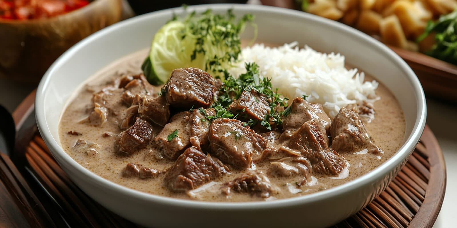 A bowl of kapisi pulu — Tongan corned beef and cabbage braised in coconut cream — served with white rice