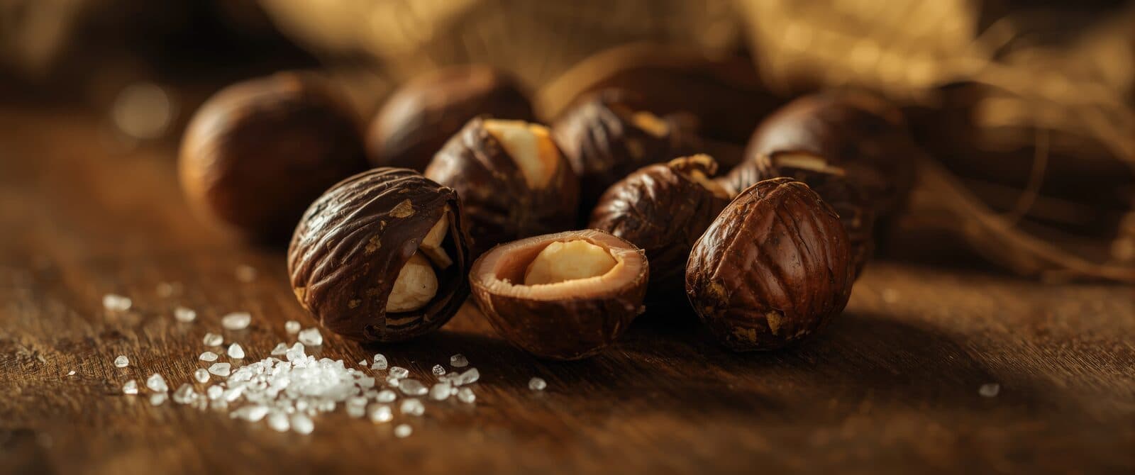 Roasted kukui (candlenut) cracked open to show their cream-colored kernels, with coarse Hawaiian sea salt — the two ingredients in traditional ʻinamona