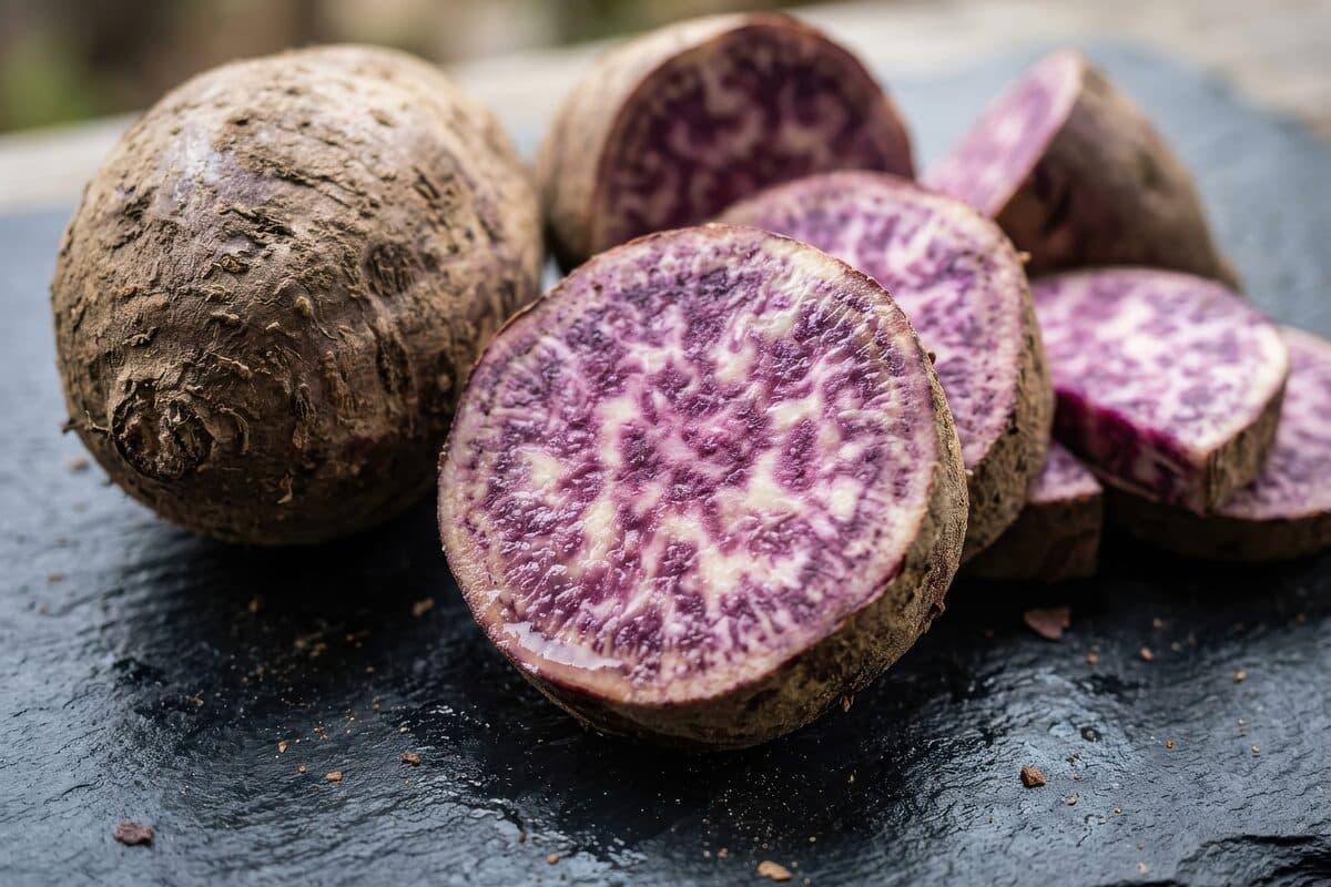 Whole and halved ʻuala Hawaiian purple sweet potatoes on a dark slate surface, showing their vivid violet interior